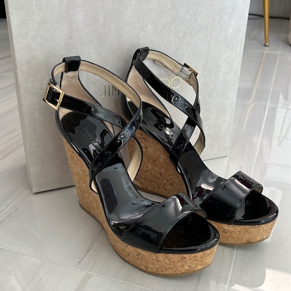 Jimmy Choo Patent Leather Black Wedges size 40.5